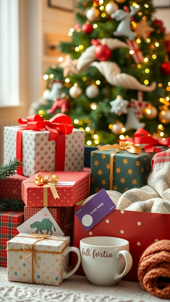 A collection of Christmas gifts including wrapped boxes, mugs, and blankets in front of a decorated tree.